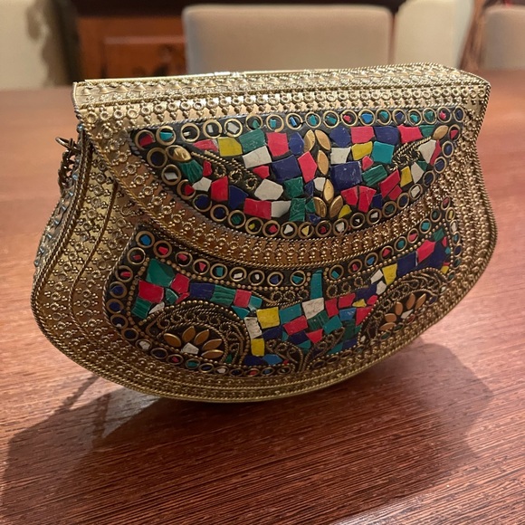 Gold and multicolor evening bag with long chain strap - Picture 2 of 2